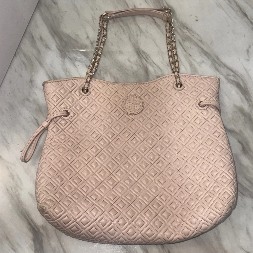 Tory Burch Marion Quilted Leather Slouchy Tote Shoulder Bag Peach Colored